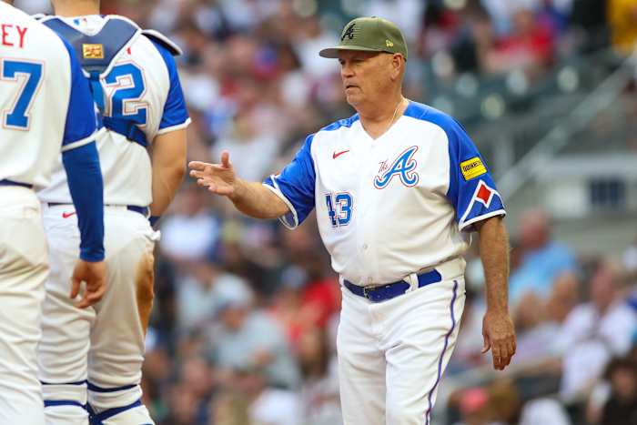 May 20, 2023; Atlanta, Georgia, USA; Atlanta Braves manager Brian Snitker (43) makes a pitching change against the Seattle Mariners in the third inning at Truist Park. Mandatory Credit: Brett Davis-USA TODAY Sports